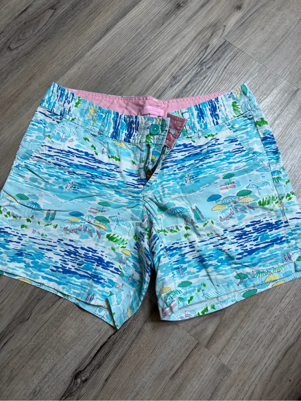 Lilly Pulitzer Aqua Beach Print Shorts with Pink Waistband
